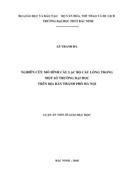 Luận án Nghiên cứu mô hình câu lạc bộ cầu lông trong một số trường đại học trên địa bàn thành phố Hà Nội