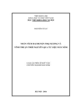 Luận án Thần tích hai huyện Thọ xương và Vĩnh thuận thời Nguyễn qua tư liệu Hán Nôm