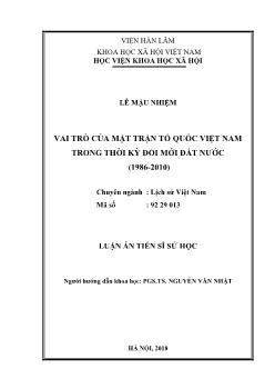 Luận án Vai trõ của mặt trận tổ quốc Việt Nam trong thời kỳ đổi mới đất nước (1986 - 2010)