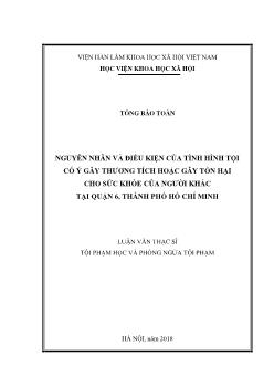 Luận văn Nguyên nhân và điều kiện của tình hình tội cố ý gây thương tích hoặc gây tổn hại cho sức khỏe của người khác tại quận 6, thành phố Hồ Chí Minh