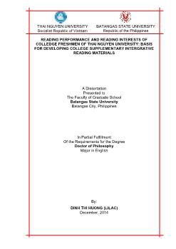 Reading performance and reading interests of colledge freshmen of Thai nguyen university: basis for developing college supplementary intergrative reading materials