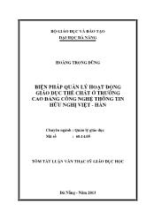 Tóm tắt Luận văn - Biện pháp quản lý hoạt động GDTC Trường Cao đẳng CNTT Hữu nghị Việt - Hàn